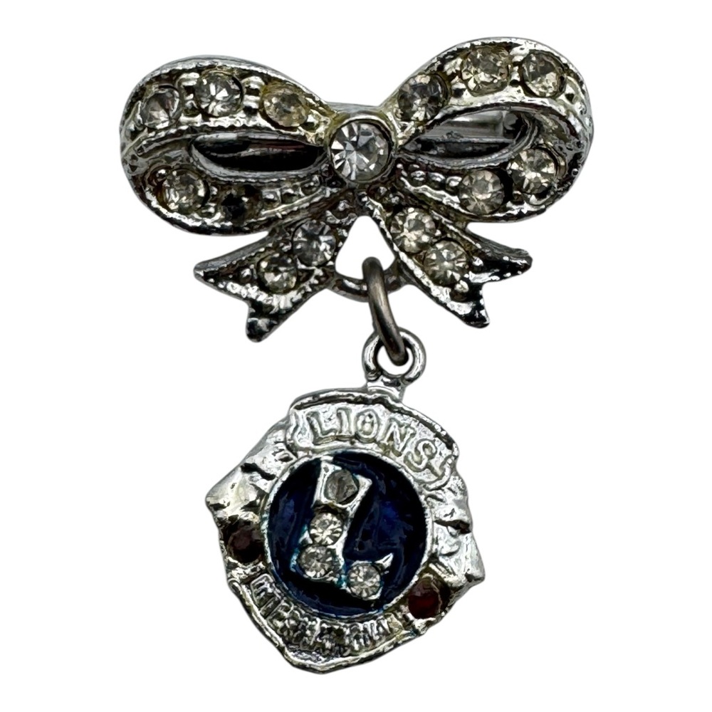 Vintage Lions Club 1” Bow Brooch Rhinestone Enamel Dangle Pin